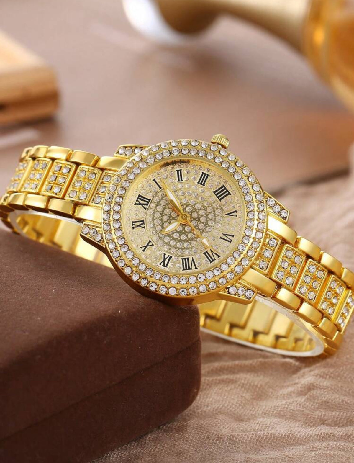 7-Piece Luxury Women’s Watch & Jewelry Gift Set – Quartz Rhinestone Watch with Roman Numerals, Crystal Bracelet, Necklace, Earrings & Ring