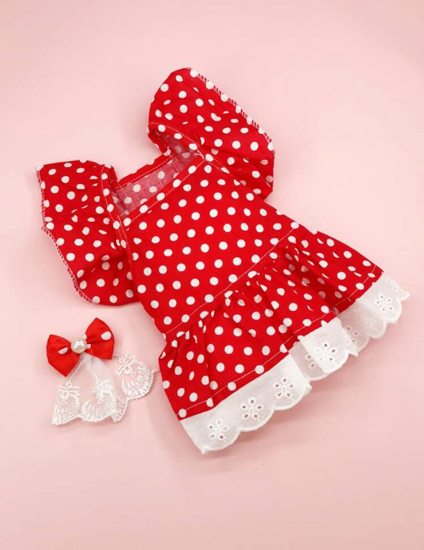 Polka Dot Pattern Flower Embroidery Pet Dress & Matching Bow – 2pcs Set