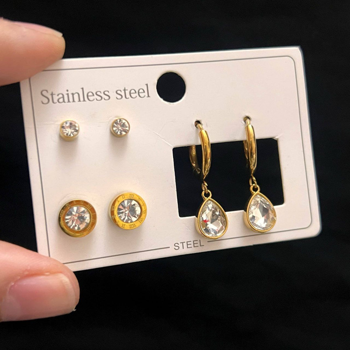 Stainless Steel 316 Earring Card – 3 Unique Pieces S1