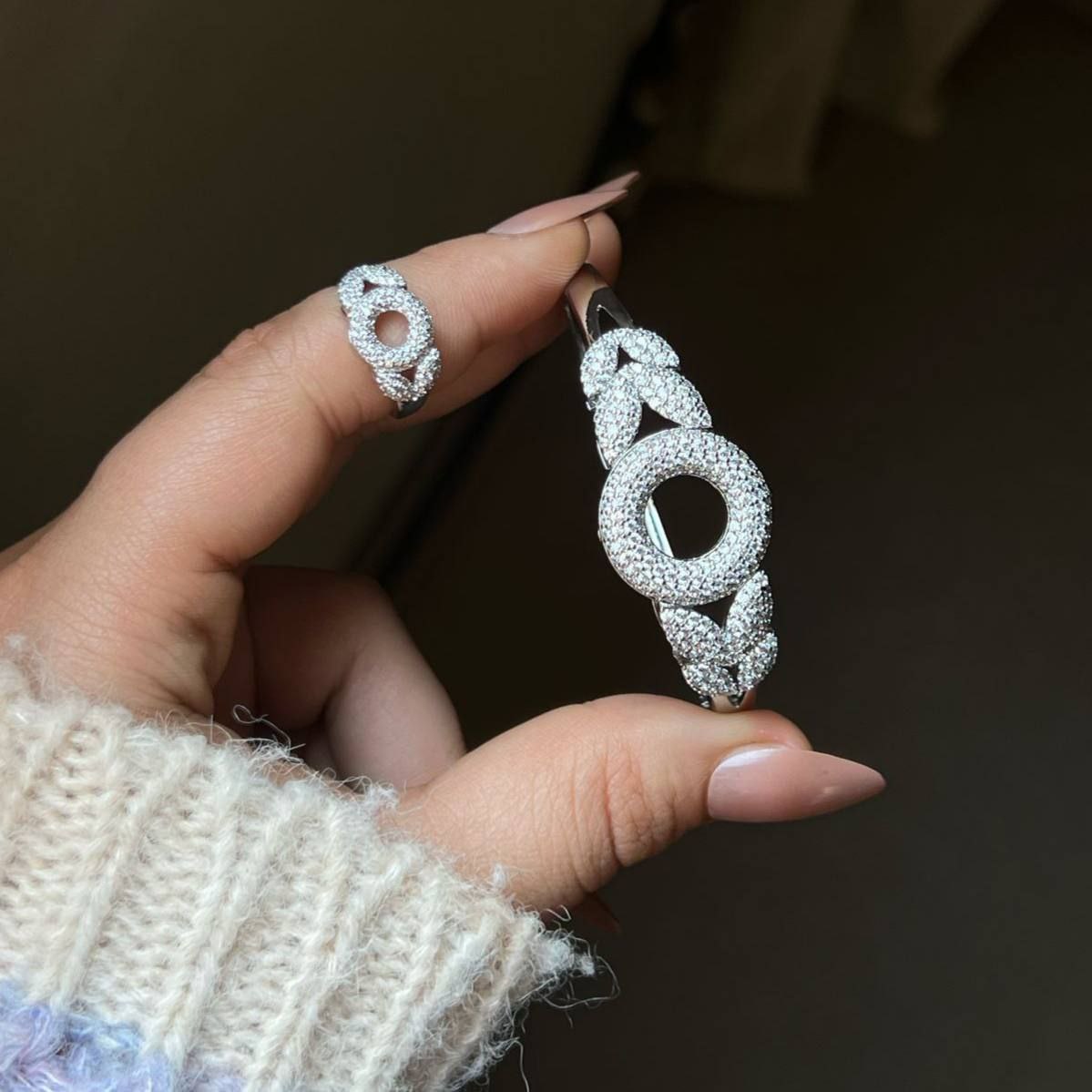 Bracelet & Ring Set – Gold-Plated with Zircon Stones, Free Size S1