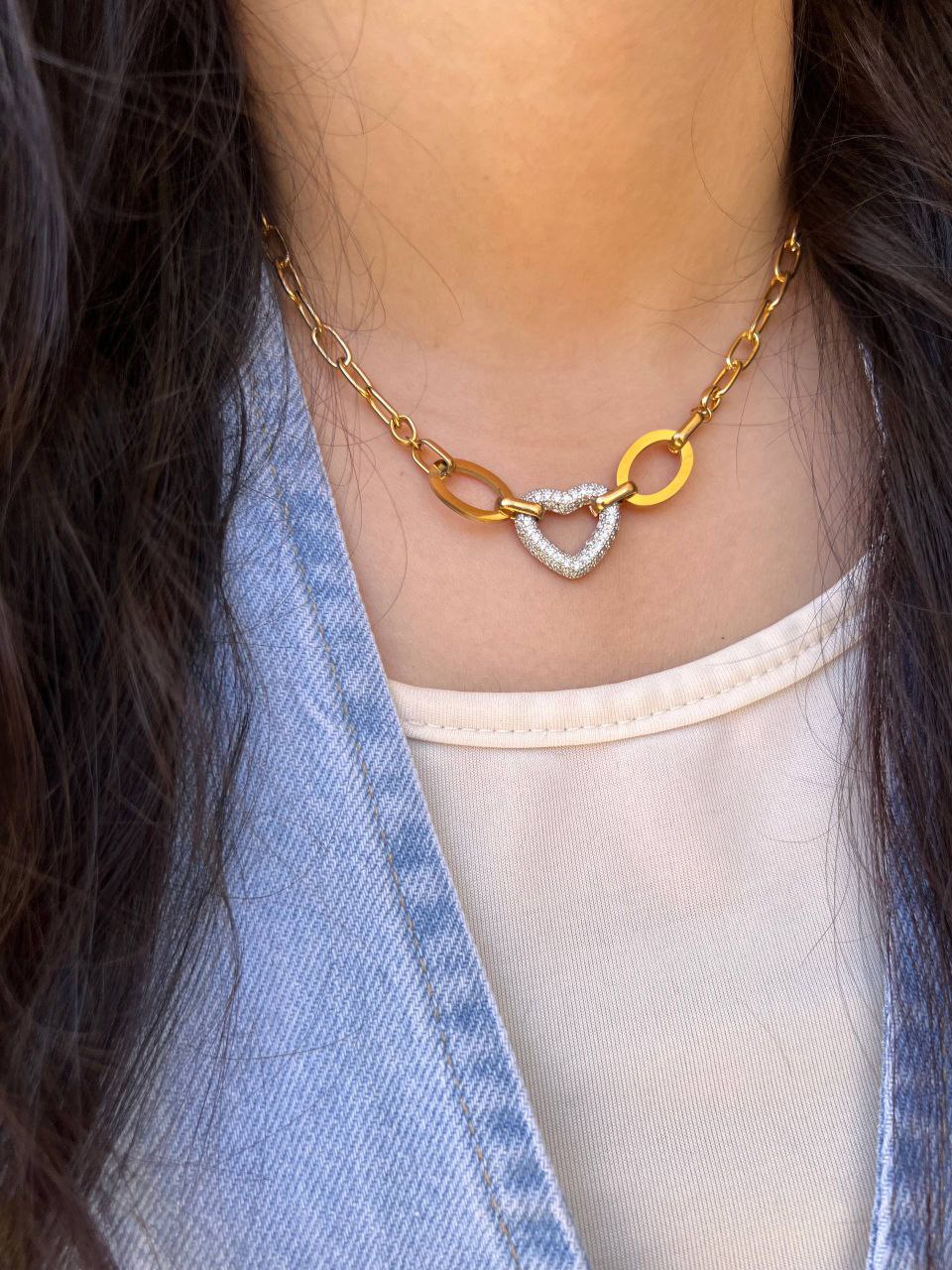 Stainless Steel Necklace with Gold Plated Heart S1
