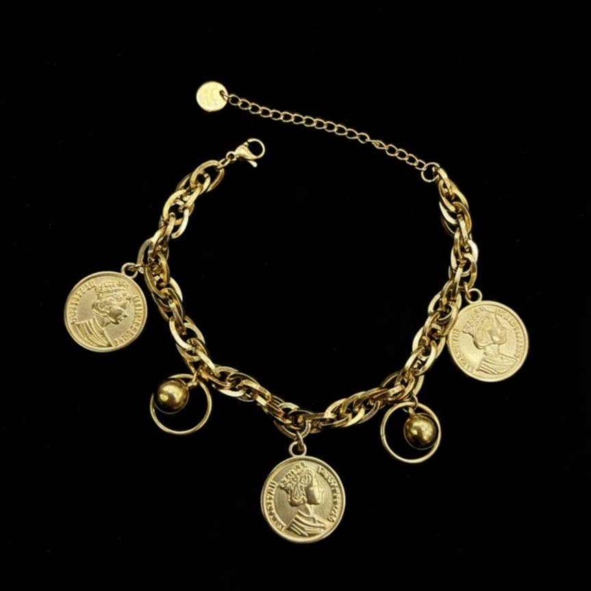 Braided Cord Bracelet with Queen Double-Face Charms – Gold Tone S1