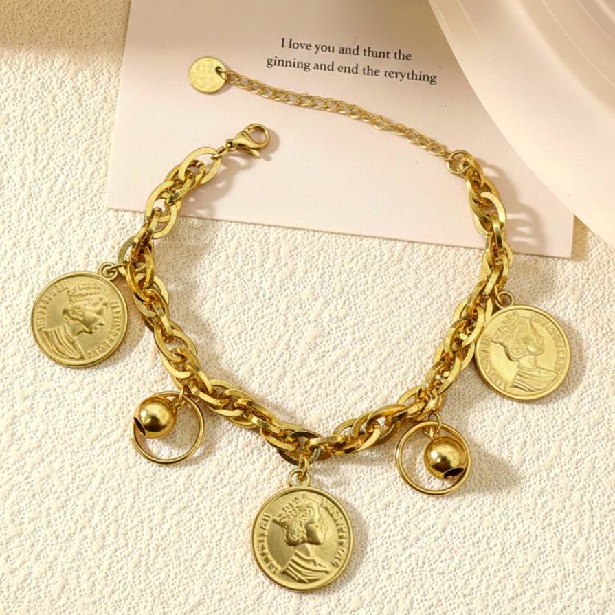 Braided Cord Bracelet with Queen Double-Face Charms – Gold Tone S1