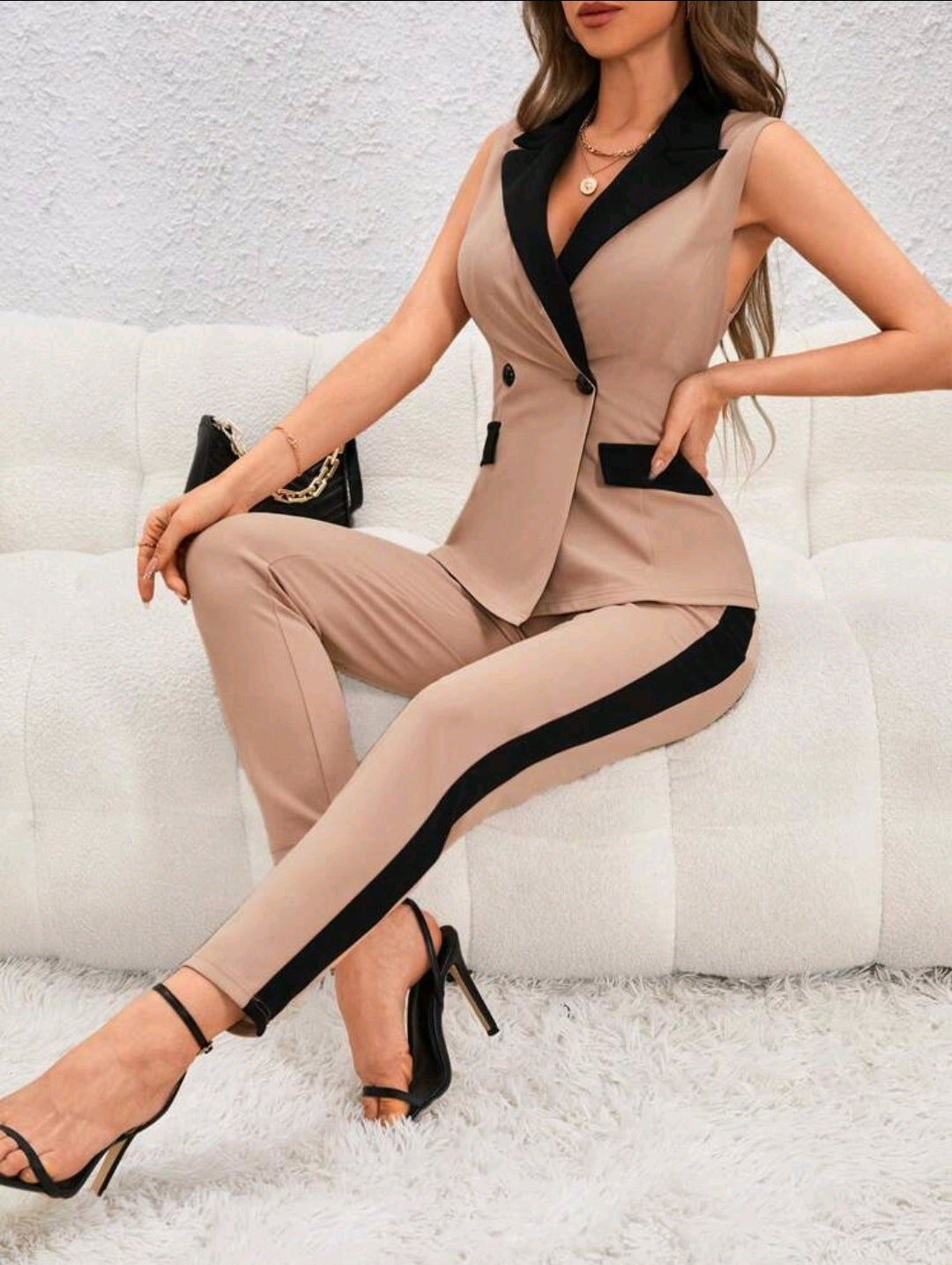 Firerie Double-Breasted Blazer Vest & Contrast Side Stripe Pants Set