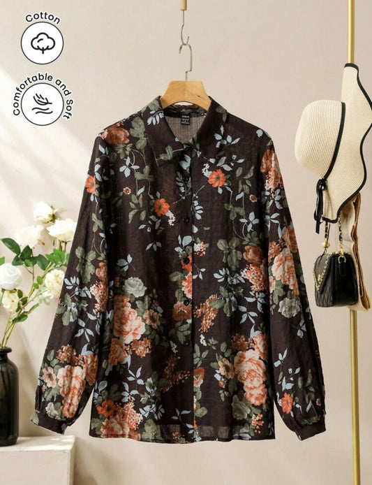 Lacomfia Elegant Floral Print Blouse for Mature Women