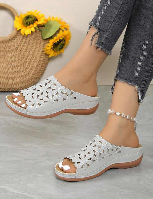 Summer Embroidered Slip-On Mules – Lightweight Wedge Heel Sandals with Ventilated Polyurethane Soles - K2006