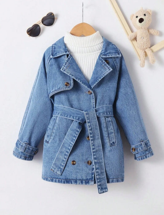 Girls Denim Jacket with Cut-Out Design & Waist Tie