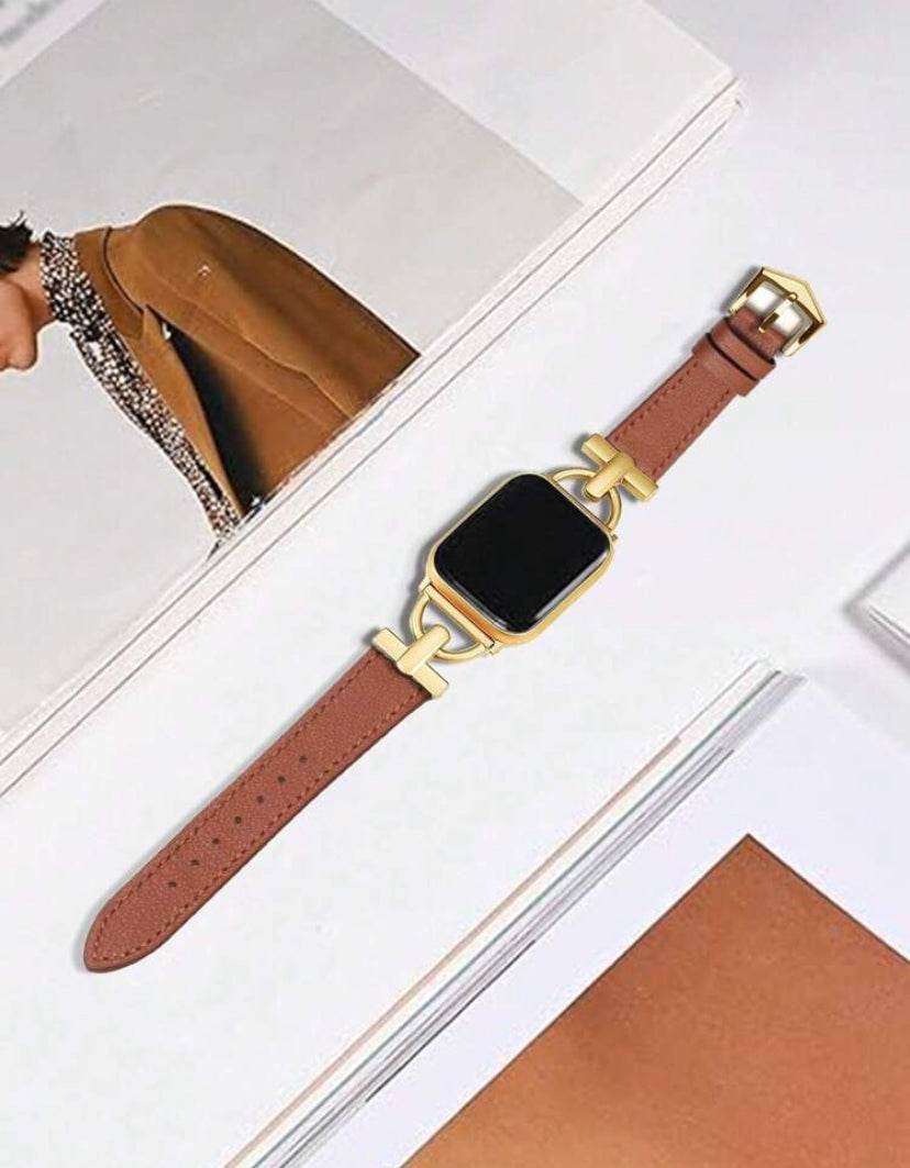 Brown Leather Watch Band with D-Letter Gold Metal Accent – Stylish & Comfortable | Compatible with Apple Watch Ultra 2/1, SE, Series 9–1 (All Sizes)