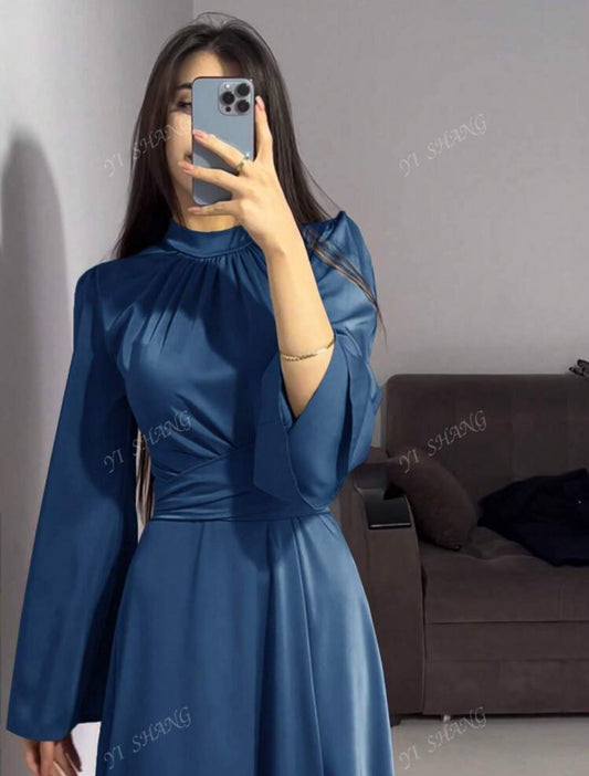 Elegant Long Bell Sleeve Dress with Belt – Satin Fabric, Modest Full-Coverage, Solid Color (Spring/Fall)