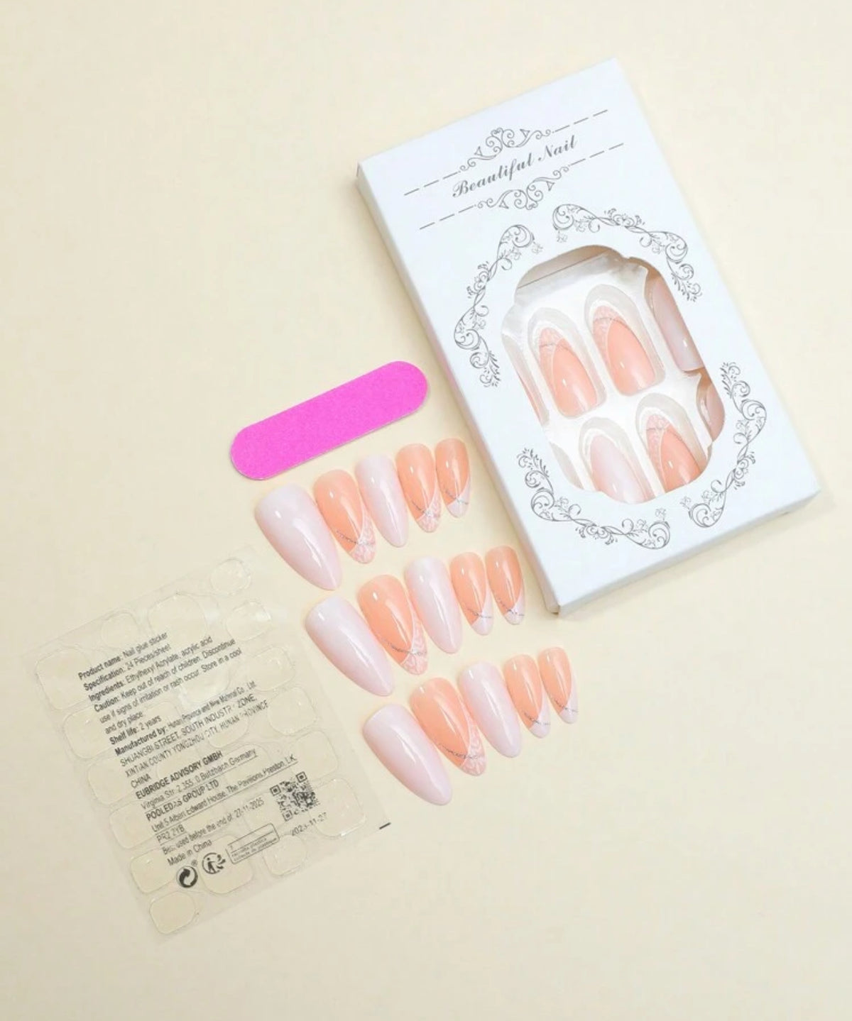 24pcs Glossy Almond Press-On Nails – French White Tips with Elegant Gold Line Design - DI6010