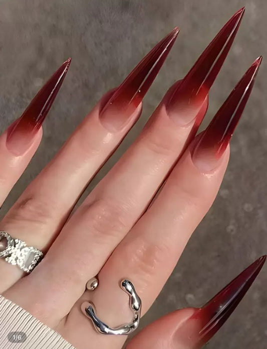 27pcs Elegant Gradient Red Beaded False Nails – Semi-Stiletto Shape