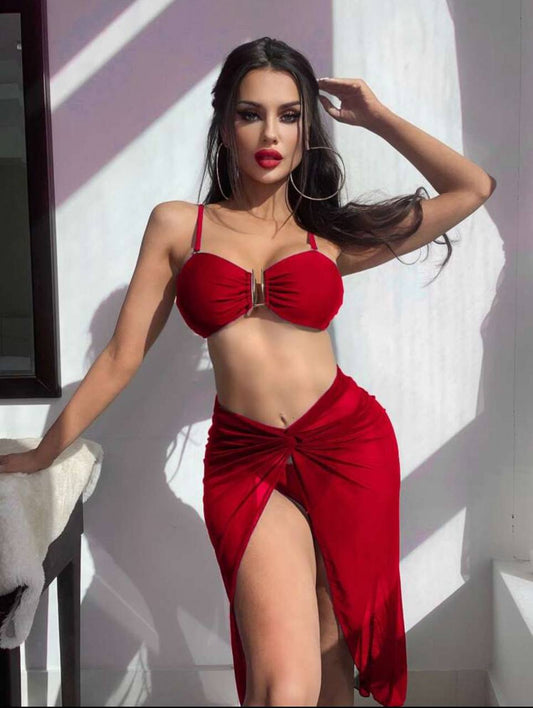 Swim SXY 2-Piece Ruched Bikini Swimsuit Set with Skirt Cover-Up – Sexy Summer Beachwear - MH1132