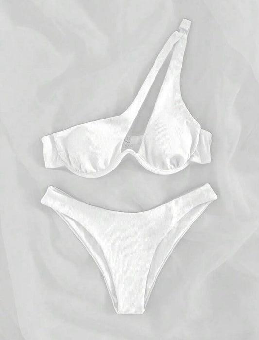 SHEIN Swim Summer Beach Rib Underwire One Shoulder Bikini Set - MH1124