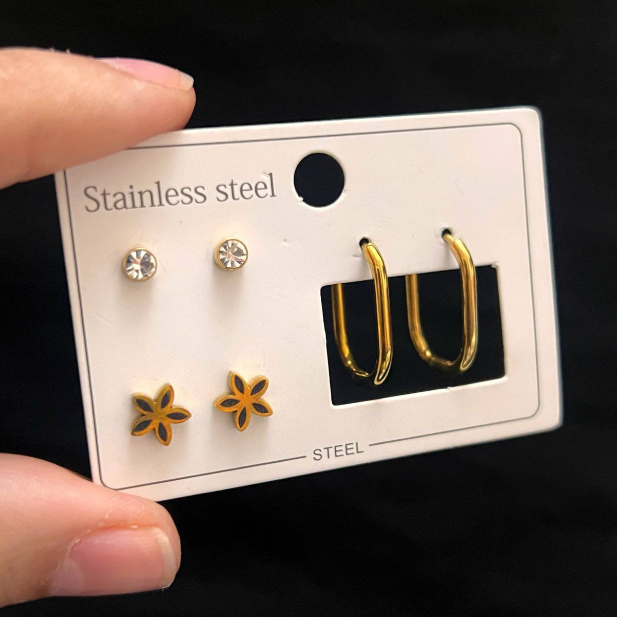 Stainless Steel 316 Earring Card – 3 Unique Pieces      S1
