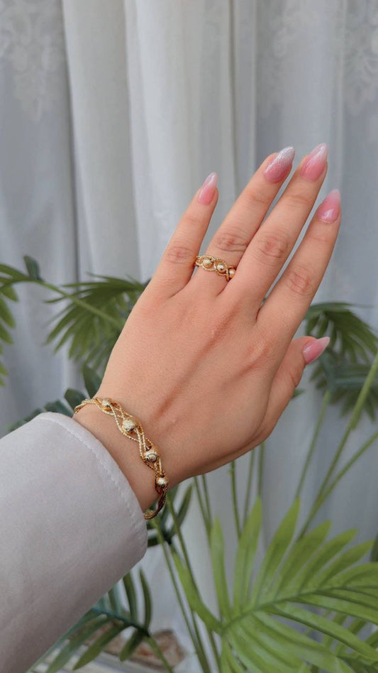 Bracelet & Ring Set – Gold-Plated with Zircon Stones, Free Size     S1