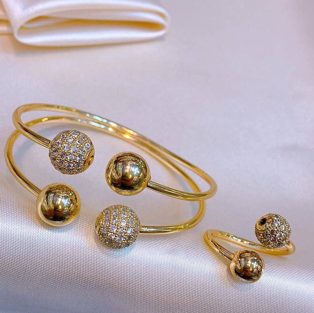 Double-Layer Zircon Ball Bracelet & Ring – Gold-Plated, Free Size   S1