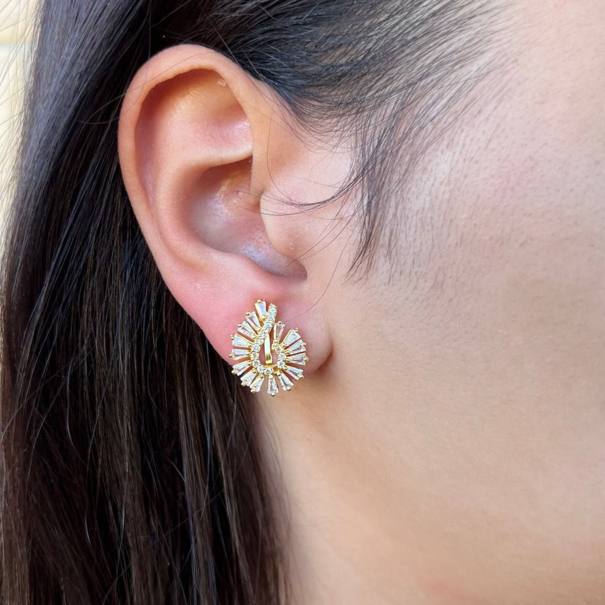 Clip-On Evening Earrings Gold Plated Zircon Stones    S1