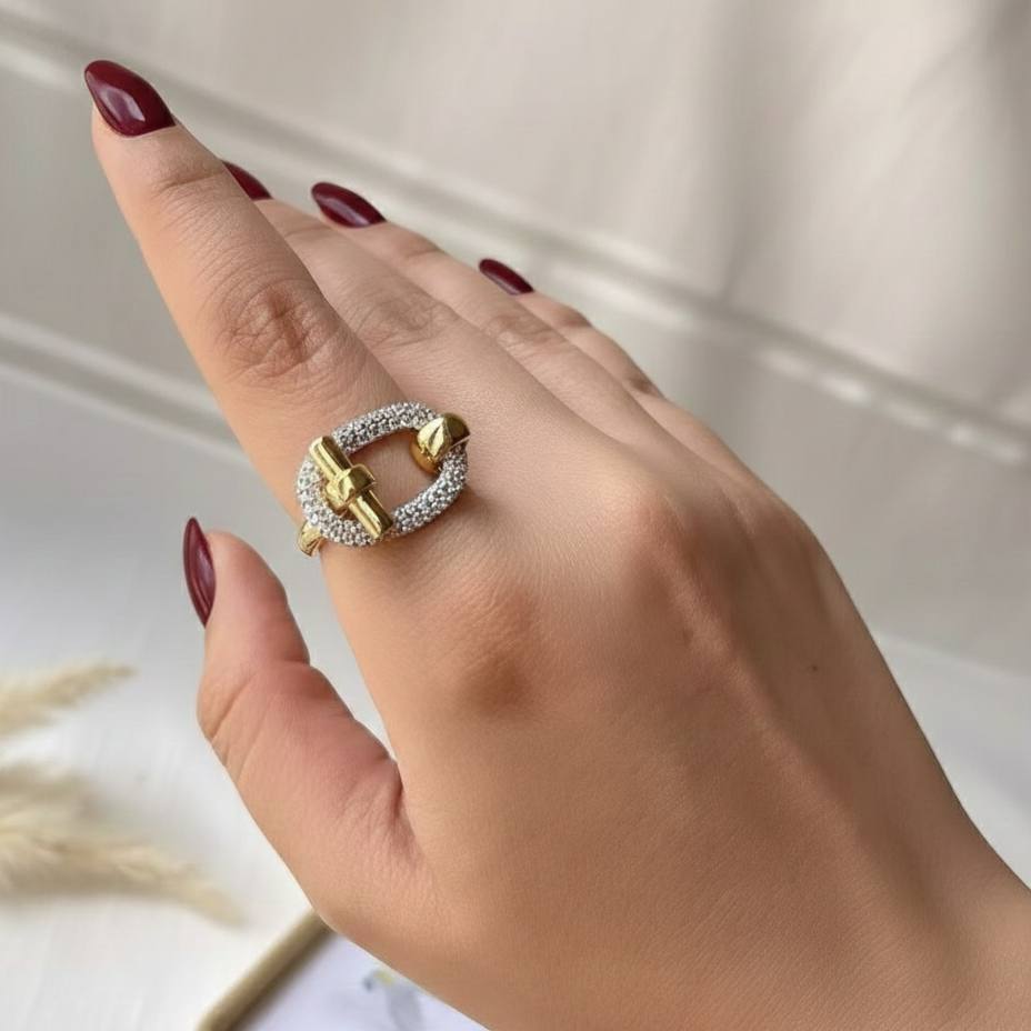Gold Plated Free Size Ring with Zircon Stones    S1