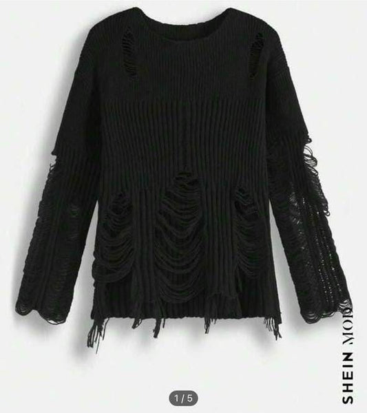 SHEIN MOD Asymmetrical Hem Distressed Knit Sweater
