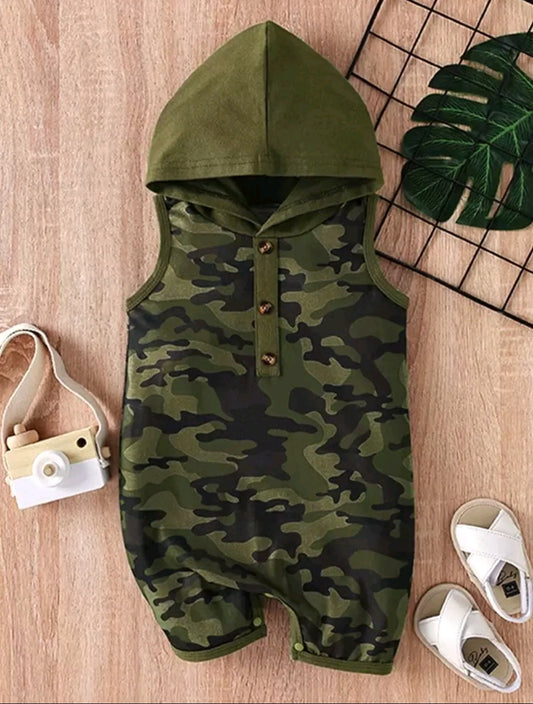 Baby Boys’ Colorful Patch Print Sleeveless Hooded Summer Romper